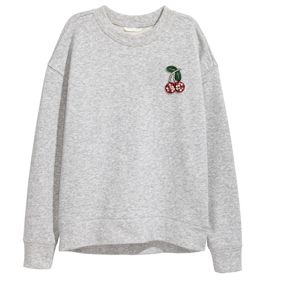 H&M Rhinestone Bead Cherry Appliqué Crew Neck Sweatshirt Lt Gray Melange Sz S - Picture 3 of 15